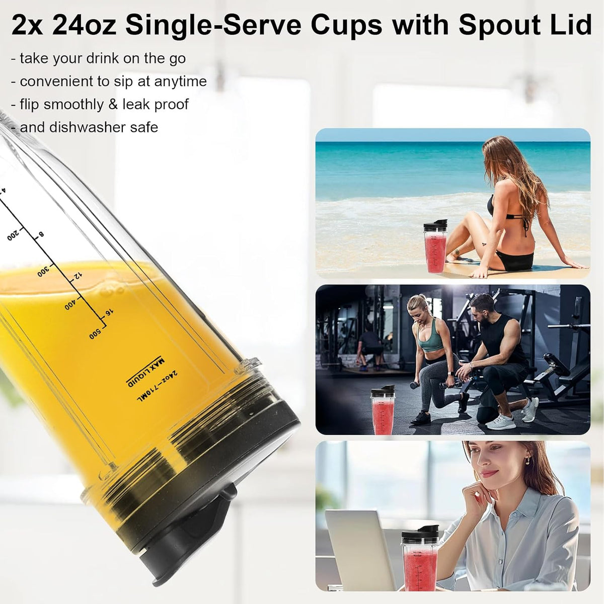 6 Pack Ninja Blender Cups Replacement and 7Fins Blade Replacement 24oz Ninja Cups for Blender & Blade with Cleaning Brush Compatible Nutri Ninja Auto iQ BN801 BL480 BL640 BL642 NN100 BL2012
