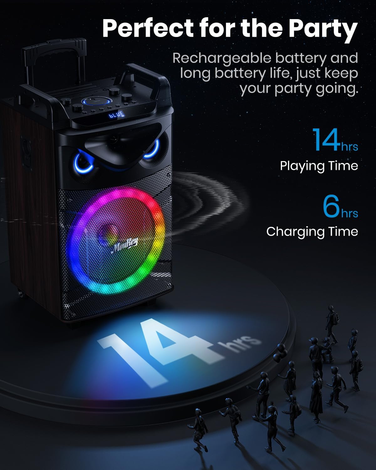 Moukey Karaoke Machine, 10" Woofer Portable PA System, Bluetooth Speaker with 2 Wireless Microphones, Lyrics Display Tablet Holder, Party Lights & Echo/Treble/Bass Adjustment Support REC/AUX/USB/TF