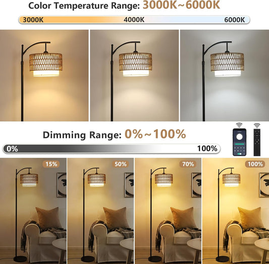 Arc Floor Lamp for Living Room with 3 Color Temperatures, Farmhouse Floor Lamps with Remote & Dimmable Bulb, Boho Standing Lamp with Rattan & Fabric Shades, Adjustable Tall Lamp for Bedroom, Office - PuriLite