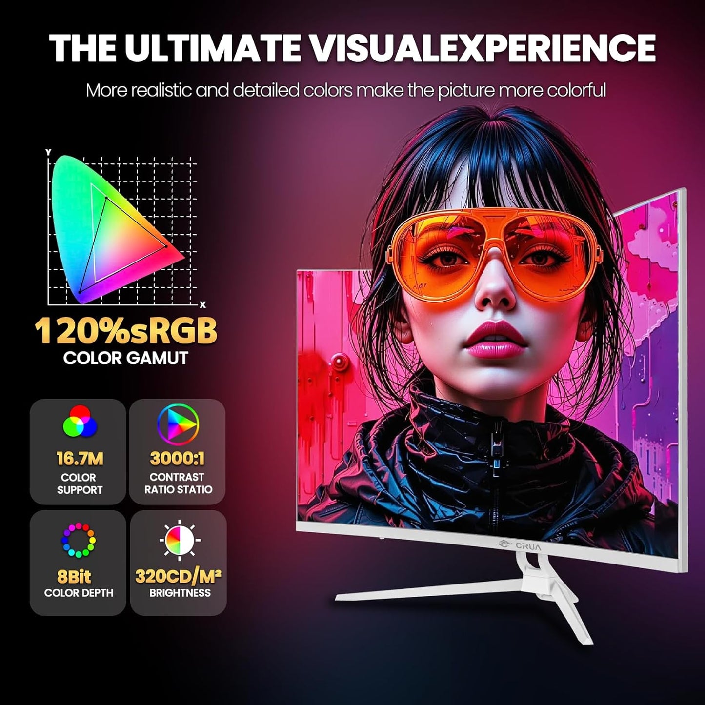 CRUA 32'' Curved Gaming Monitor, 160Hz/144Hz 4K UHD(3840 * 2160P) White Computer Monitor, 1500R VA Screen, Supports Freesync, 120% sRGB, Built-in Speakers, RGB Lighting, Wall Mountable,HDMI 2.1&DP 1.4