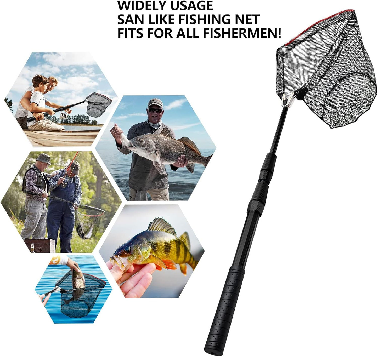 SAN LIKE Fishing Net Telescopic Landing Nets Folding Rubber Fish Net Rubber Coated Landing Net with Adjustable Sturdy Pole Handle for Saltwater Freshwater Bass Trout Fishing Easy Catch & Release