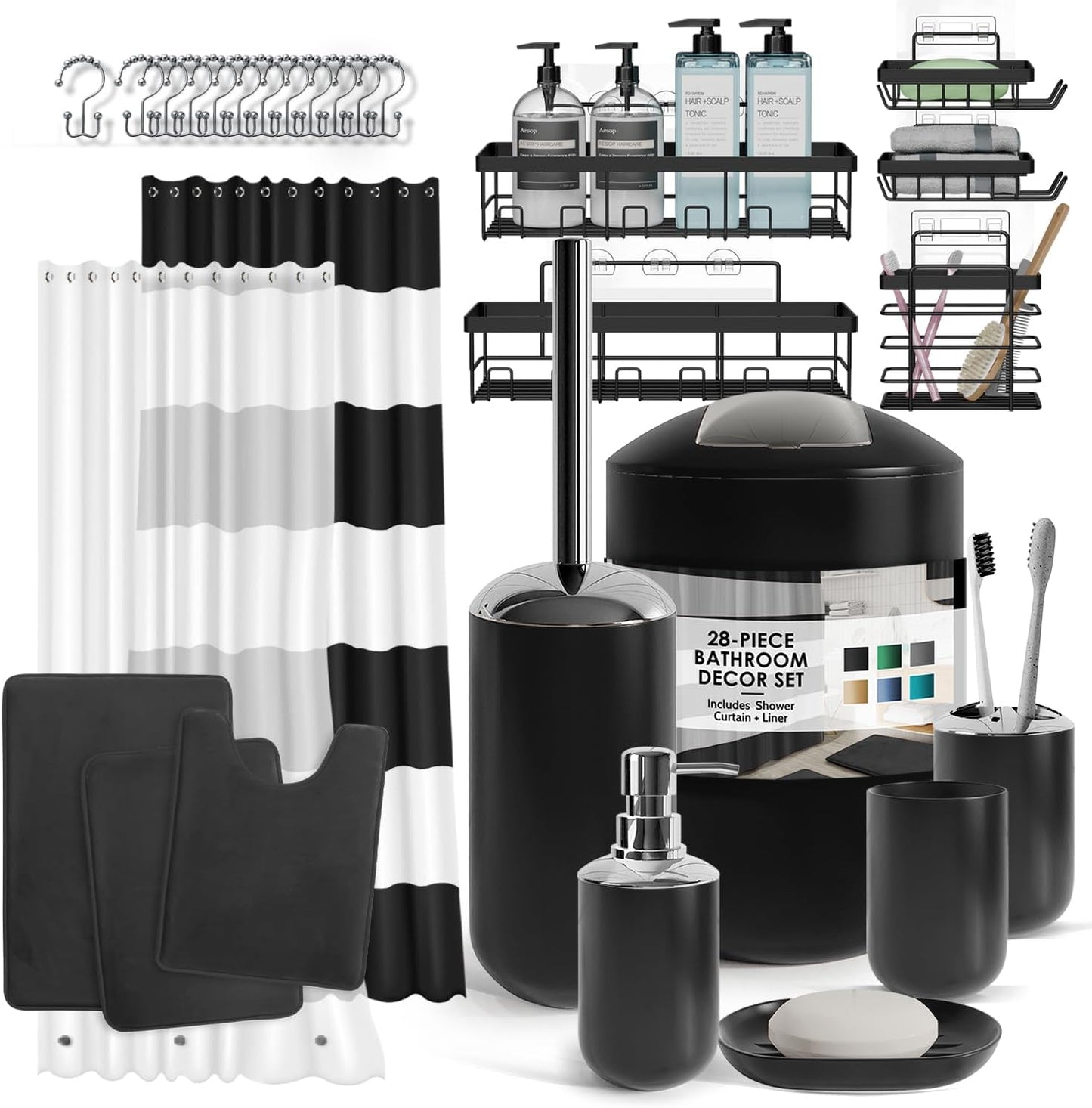 Clara Clark Bathroom Set - Gray Bathroom Accessories Set, Bathroom Sets with Shower Curtain and Rugs, 23PC Shower Curtain Set with Liner, Soap Dispenser, Soap Dish, Toilet Brush Holder, and Trash Can