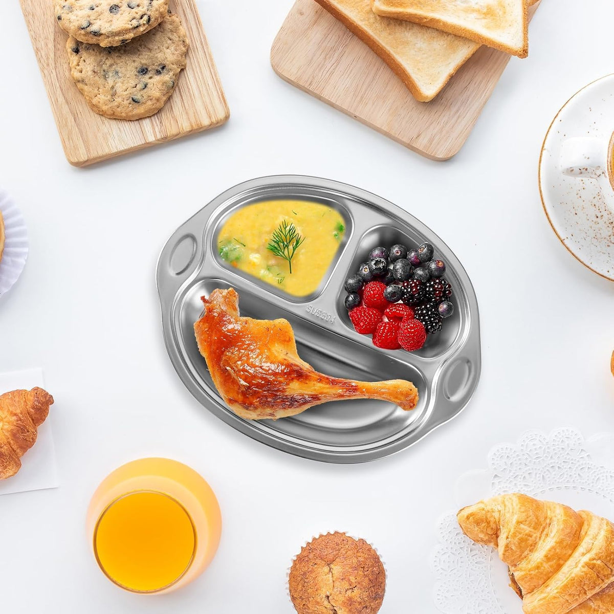 BPA-Free 100% Food-Grade Stainless Steel Baby Plates with Suction Divided Designed for Babies and Toddlers, Ideal for Kids Infant Baby-Led Weaning Toddler Feeding Supplies Dishwasher Safe
