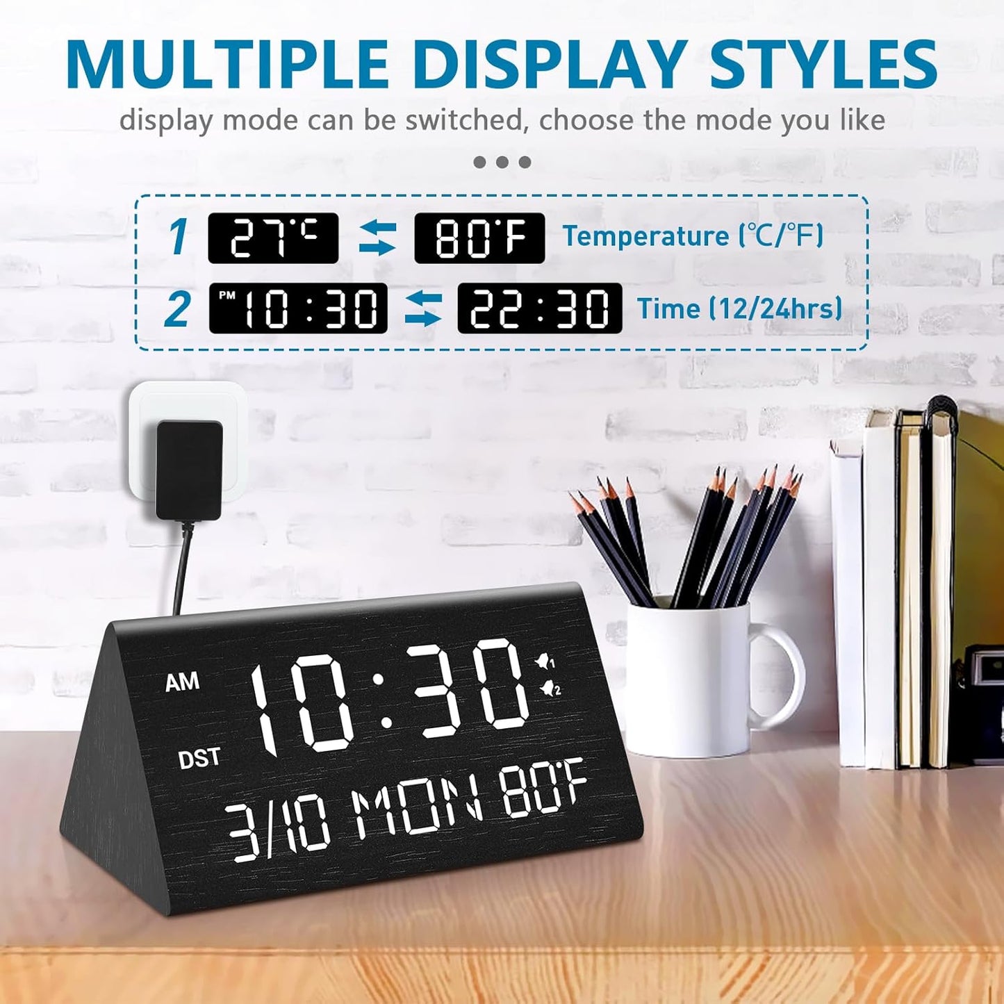 Kogonee Wooden Digital Alarm Clock, 0-100% Dimmer, 2 Alarm Settings, Weekday/Everyday Mode, 9 Mins Snooze, 12/24H, Temperature and Date Display for Office, Travel, Bedroom Alarm Clock (White)