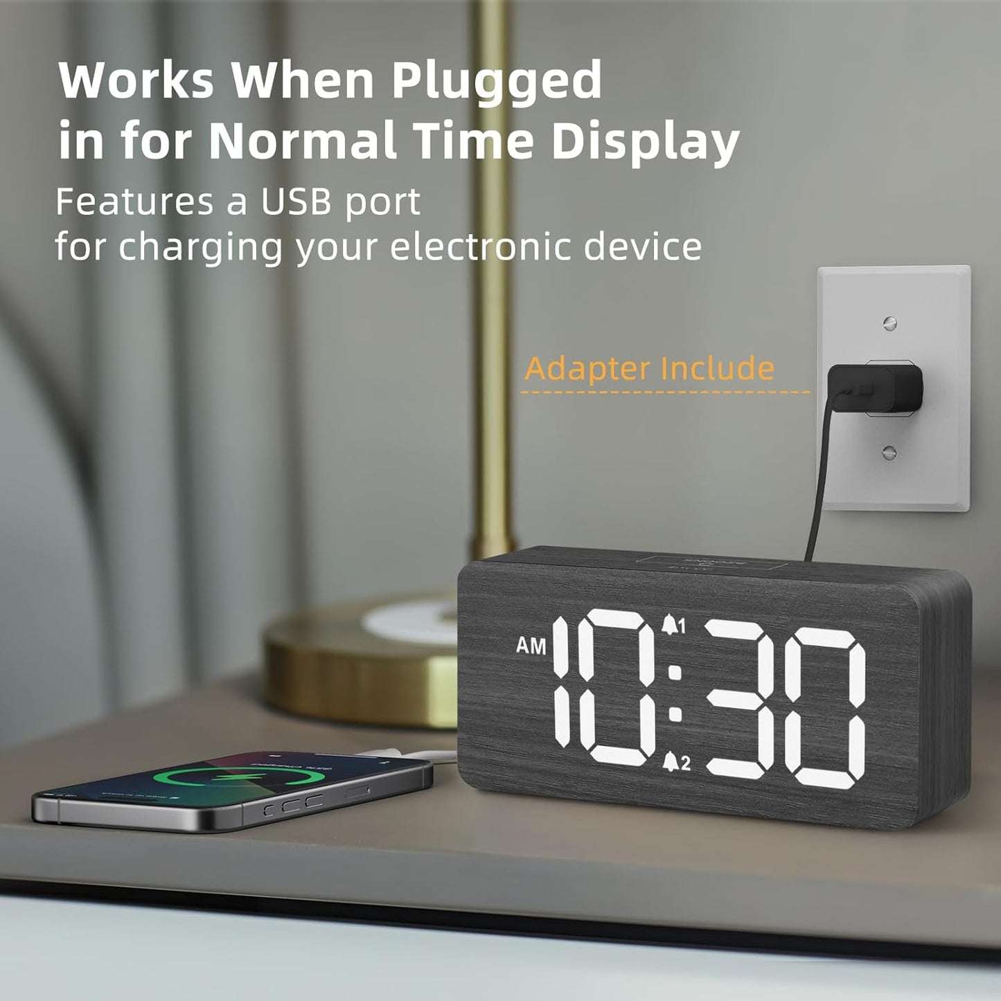 Purilite Select Wooden Digital Alarm Clock with Large LED Display