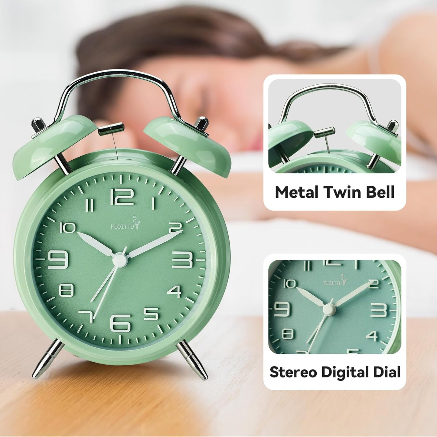 FLOITTUY (Loud Alarm for Deep Sleepers) 4'' Twin Bell Alarm Clock with Backlight for Bedroom and Home Decoration(Black)