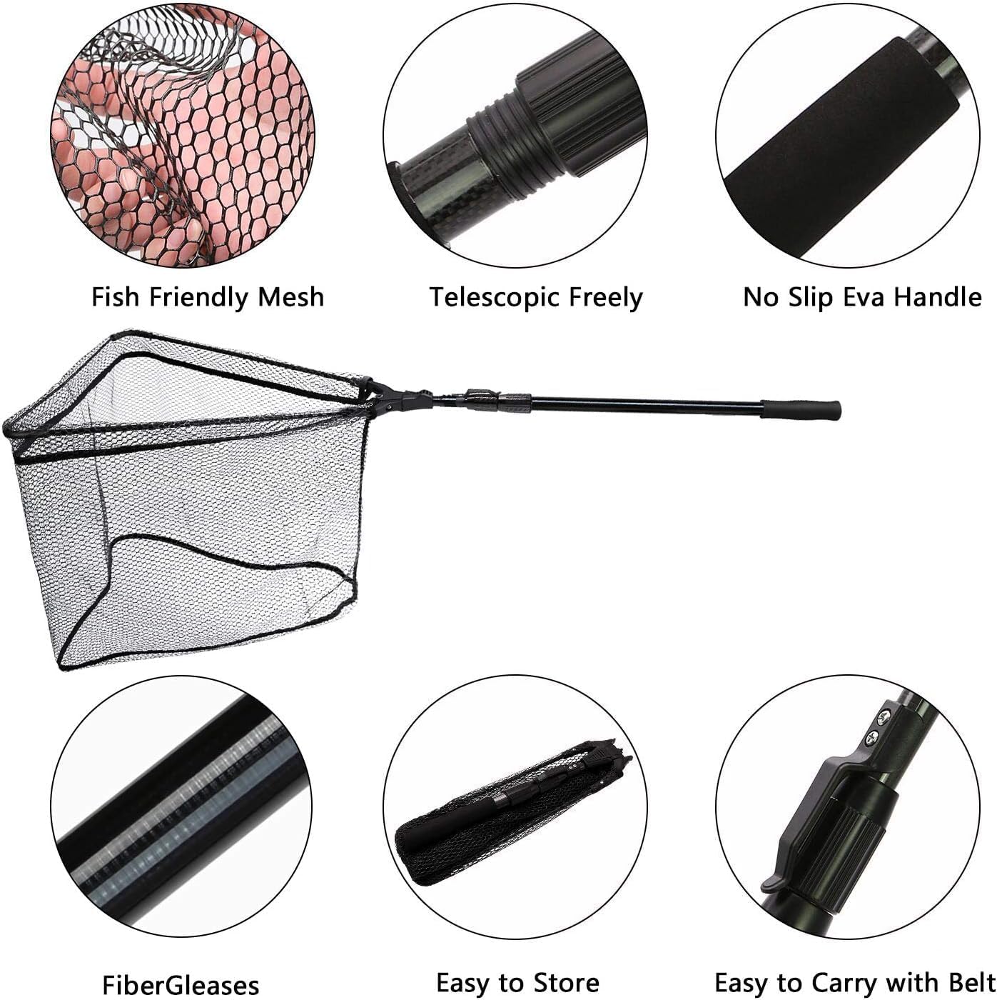 SAN LIKE Fishing Net Telescopic Landing Nets Folding Rubber Fish Net Rubber Coated Landing Net with Adjustable Sturdy Pole Handle for Saltwater Freshwater Bass Trout Fishing Easy Catch & Release
