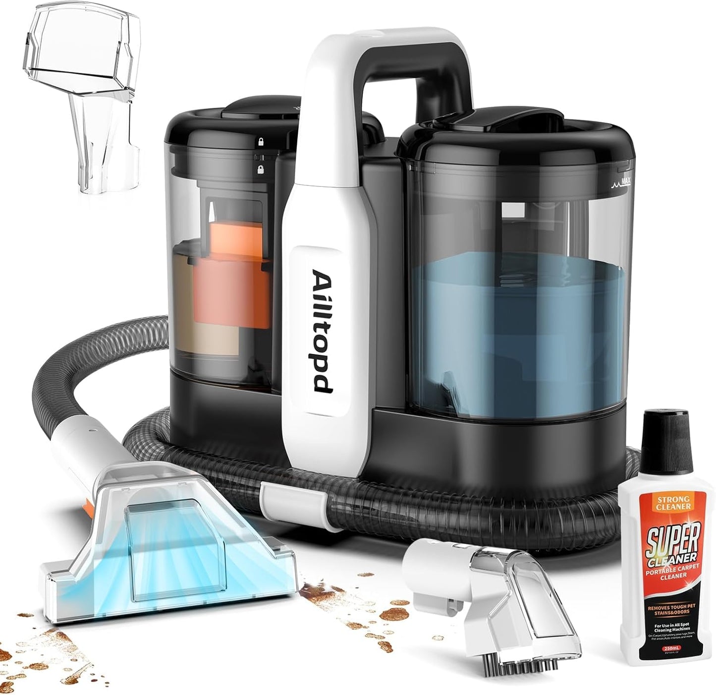 Ailltopd Portable Carpet & Upholstery Spot Cleaner, Powerful Suction and Spot Remover, Deep Stain Cleaning for Carpet, Pets, Stairs, Car Seat, Couch, with Dual Size BrushHead and Cleaning Solutions