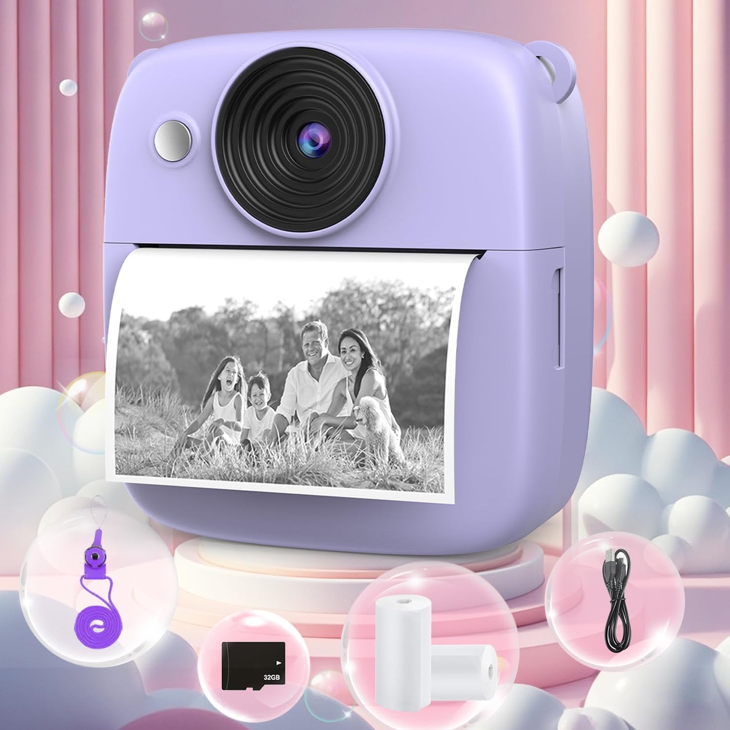 Kids Camera Instant Print, Christmas Birthday Gifts for Kids Age 3-8, 1080P Digital Camera with 32GB Card, Toddler Portable Travel Camera Toys for 4 5 6 7 8 9 10 Year Old Girls Boys Purple