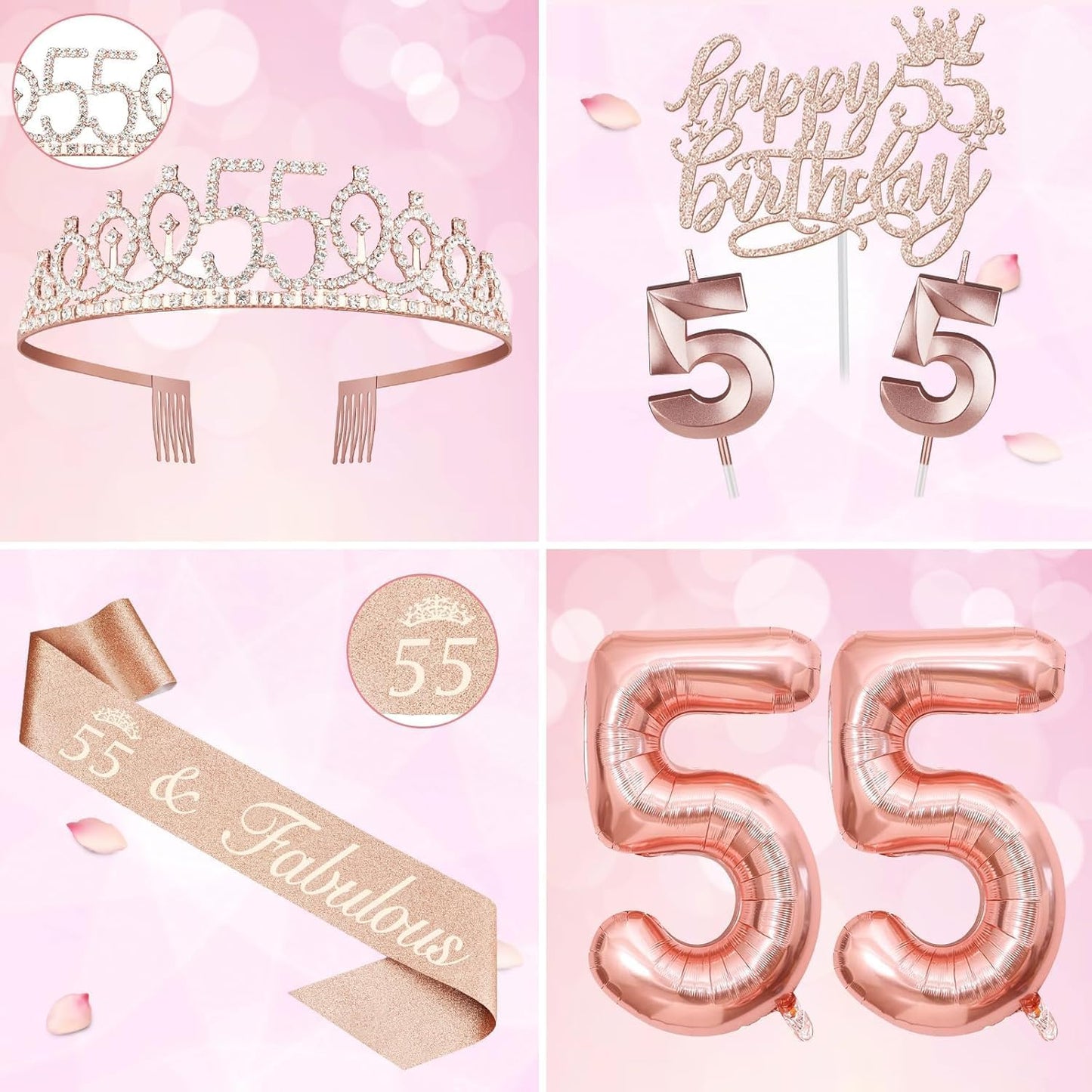 65th Birthday Decorations for Women, Including 65th Birthday Sash and Crown, Cake Topper and Candles, Number Balloons Rose Gold, 65 Year Old Gifts for Women