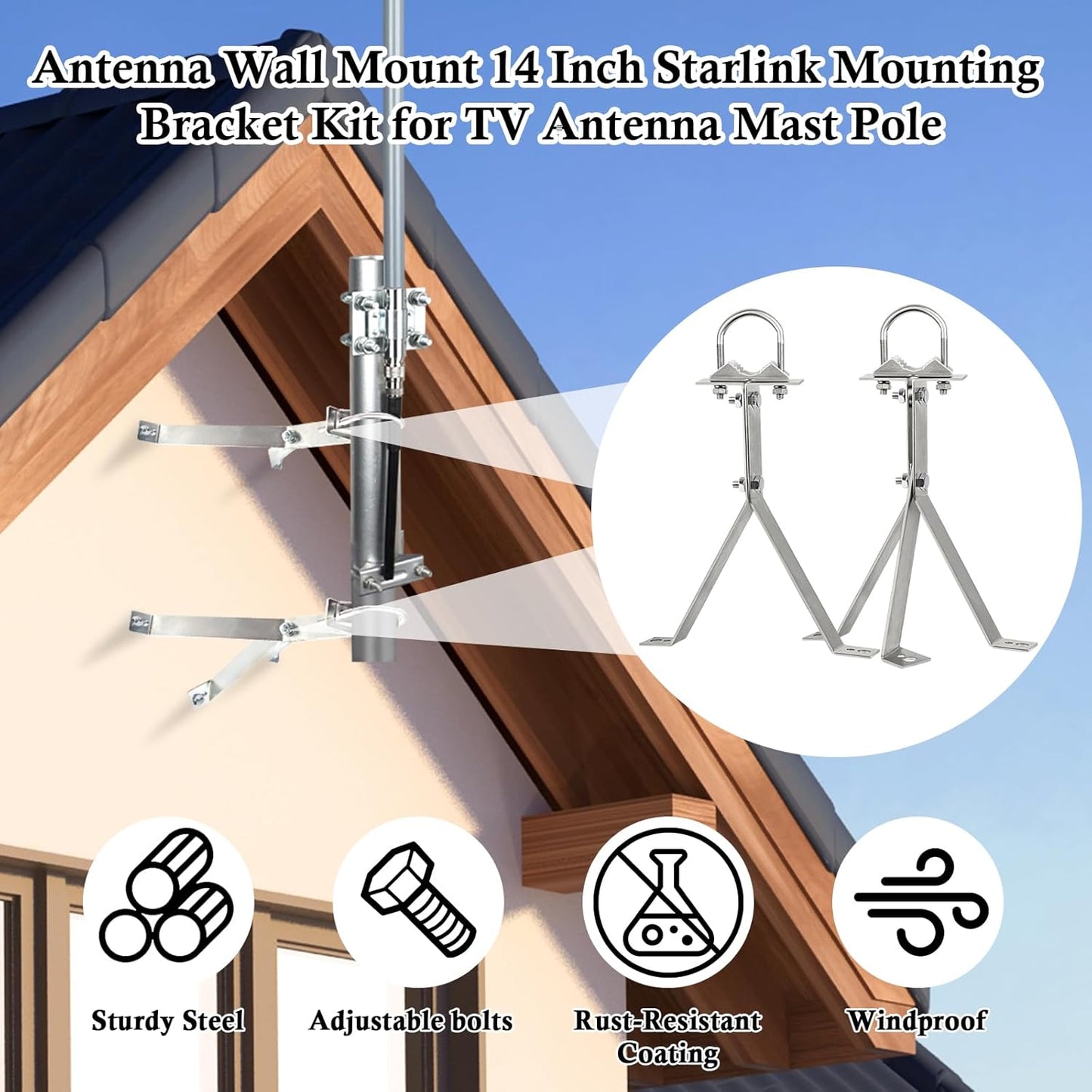 XRDS-RF 16 Inch Heavy-Duty Wall Mount Stand Off Mast for TV Antenna - Windproof Mounting Bracket (2-Leg + 2-Leg)