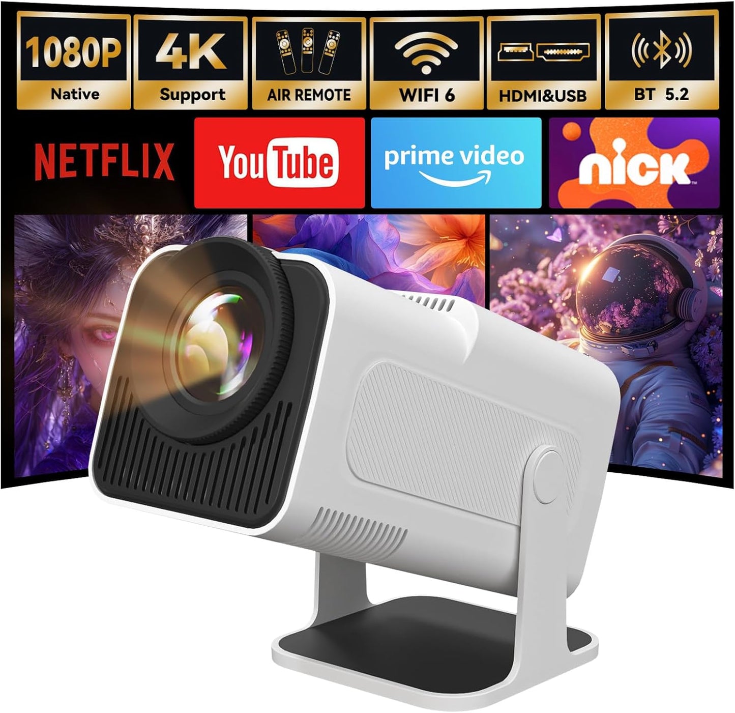 Mini Projector with WiFi and Bluetooth Built-in Android 11, 1080P 4K Support Portable Projector LYNCAST 180°Rotatable Upgrade HY300pro+ Projector for Home,Outdoor Use OptiBarrel 005