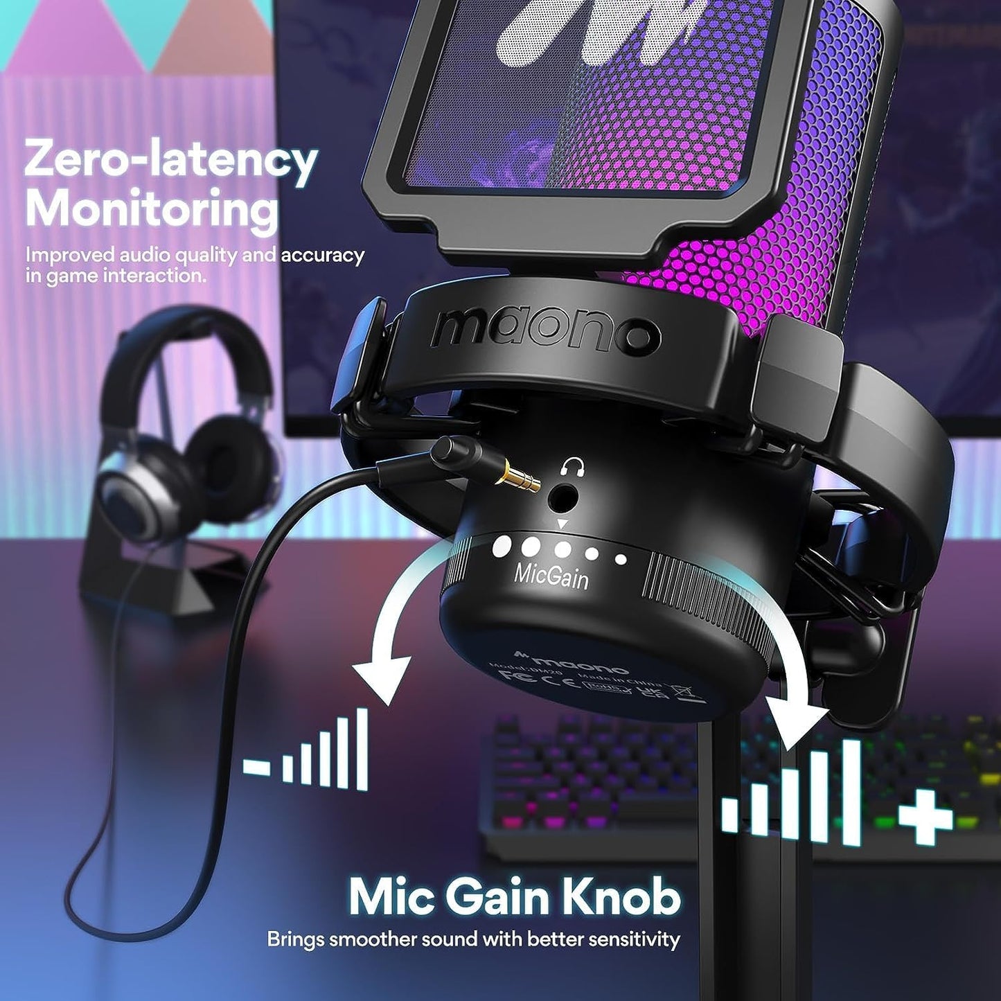 MAONO Gaming USB Microphone, Noise Cancellation Condenser mic with Mute, Gain, Monitoring, Boom Arm for Streaming, Podcast, Vocal, Twitch, YouTube, Discord, PC, Computer, PS4, PS5, Mac, DGM20S