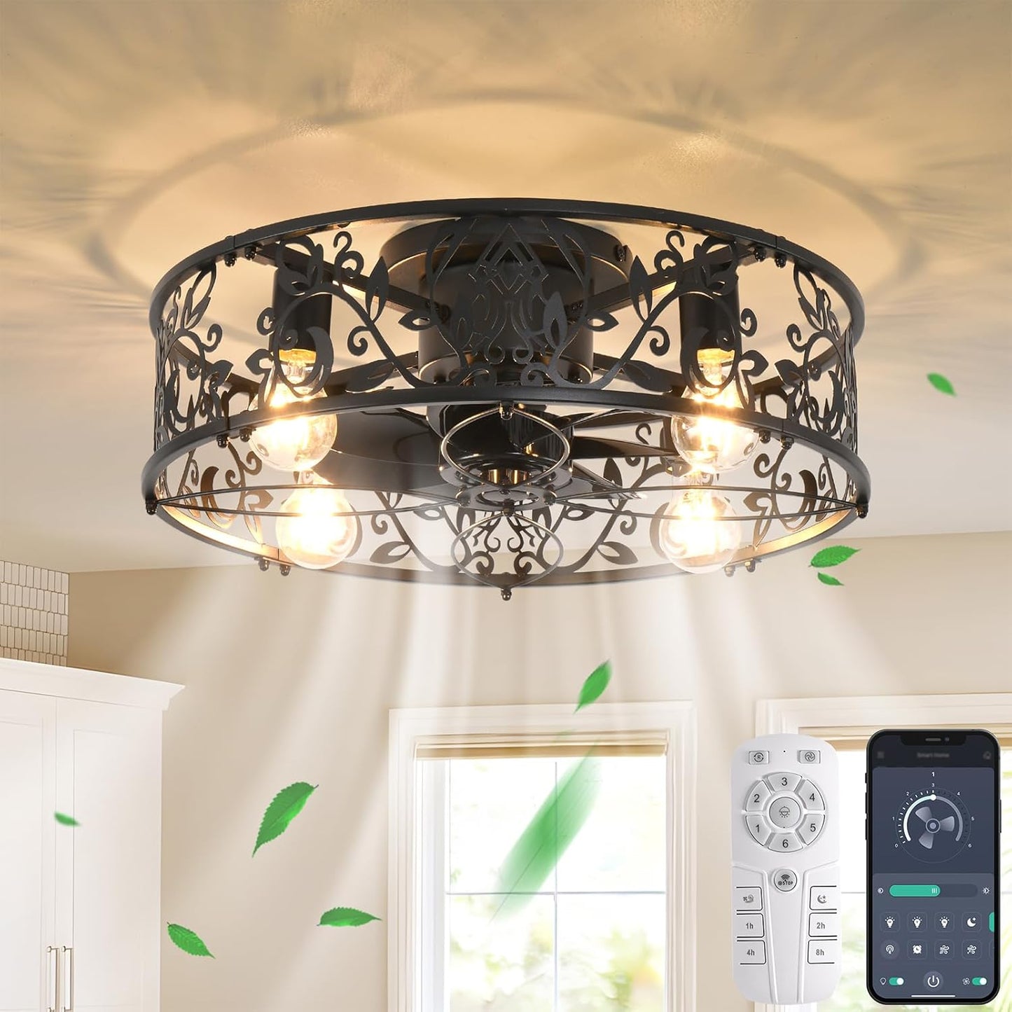 Garwarm Caged Low Profile Ceiling Fan with Lights and Remote, 20in Rustic Flush Mount Small Farmhouse Bladeless Ceiling Fan for Bedroom, Kitchen, Dining Room