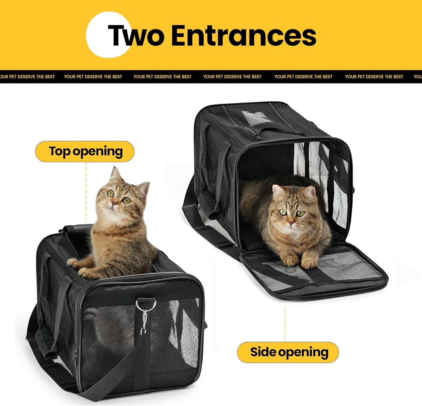 Conlun Cat Carrier Airline Approved, Soft-Sided Dog Carrier with Inner Safety Leash, Pet Transport Carrier for Small-Medium Cats Puppies up to 15 Lbs, Collapsible Travel Kitten Carrier Bag -Black M