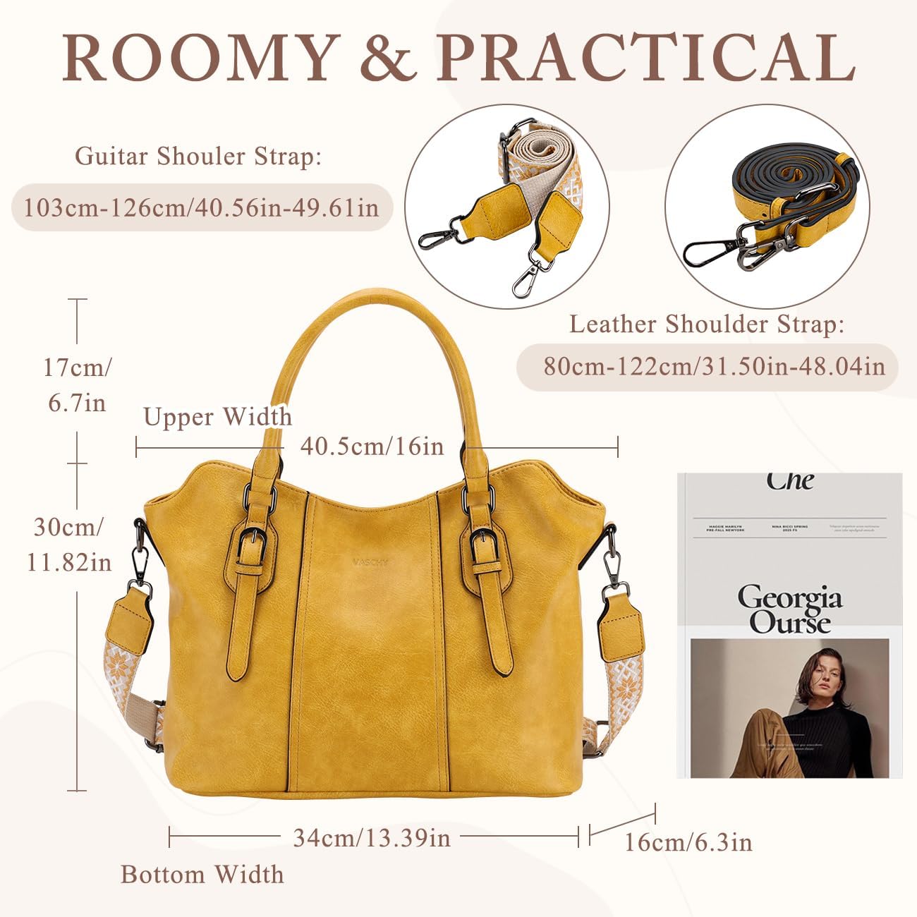 Hobo Bags for Women,VASCHY Vegan Leather Handbag Purse Top Handle Satchel Boho Shoulder Bag with Crossbody Guitar Strap