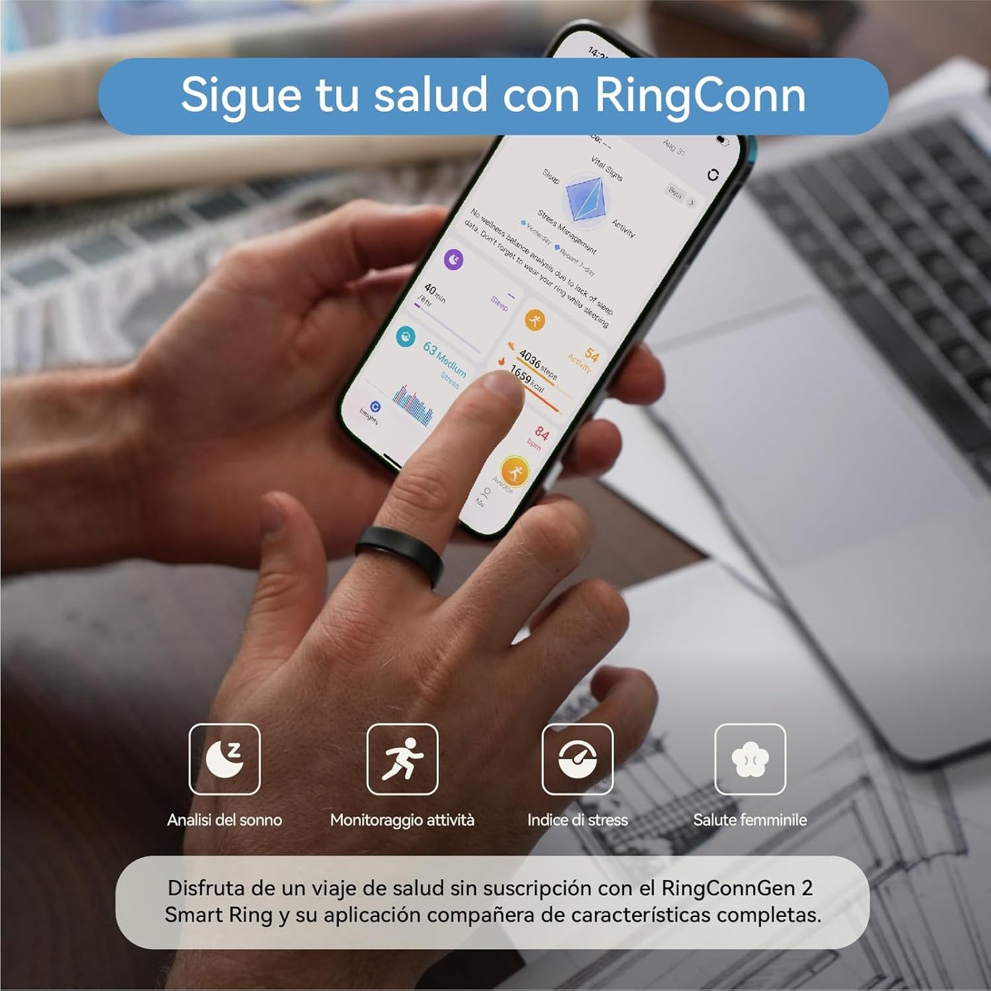 RingConn Gen 2 Smart Ring, No App Subscription, Size First with Sizing Kit, 12-Day Battery Life, Stress/Women's Health Tracker, Compatible with Android & iOS (Black, Size 8)