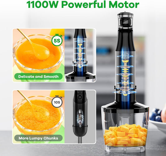Turelar Immersion Blender Handheld Corded, 1100W 5 in 1 Hand Blender Set Trigger Variable Speed, Emulsion Stick Mixer with Food Processor, Whisk, Frother, for Soup, Puree, Baby Food, Anti-scratch
