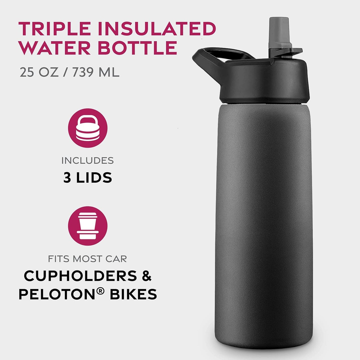 FineDine Water Bottle - Stainless Steel Insulated Water Bottle with Straw Lid, Flip Lid & Wide-Mouth Cap - Keeps Hot and Cold - 25 Oz / 739ml - Pure Pearly White