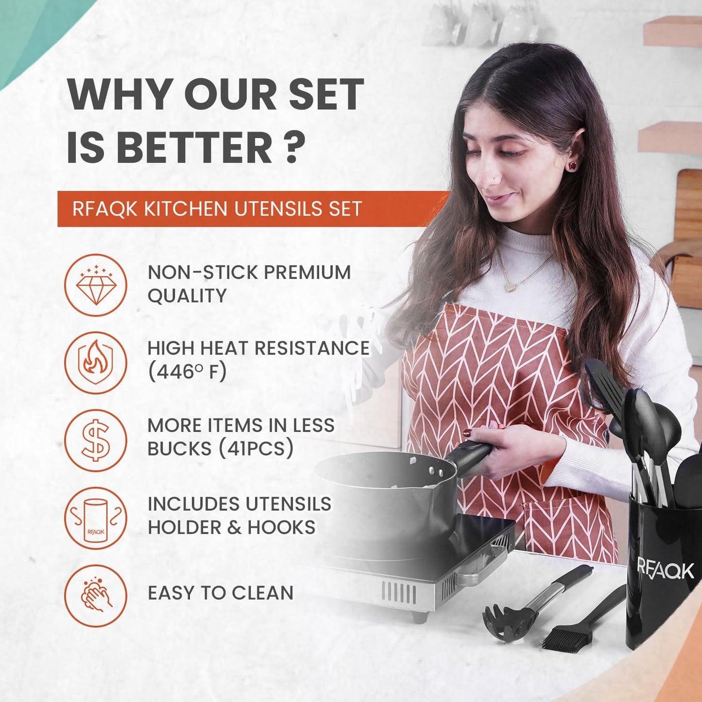 40PCs Silicone Cooking Utensils Set 446℉ Heat Resistance, RFAQK BPA Free Kitchen Utensils Set for Nonstick Cookware, Gadgets Includes Can Opener, Potato Smasher,Peeler,Tongs,Spatula Set,Pizza Cutter