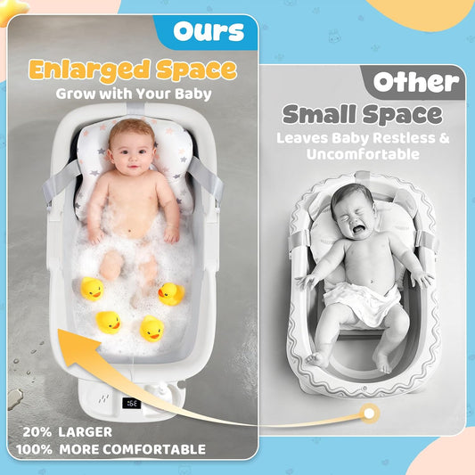 Orzbow Collapsible Baby Bathtub with Cushion & Thermometer, Large Size,Gray