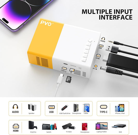 PVO Mini Projector Portable for Cartoon, Outdoor Video Projectors, LED Pico Movie-Projector for Home Theater, Kids Gift, Video Can Be Easily Mirrored Directly to The Projector Via Data Cable - PuriLite