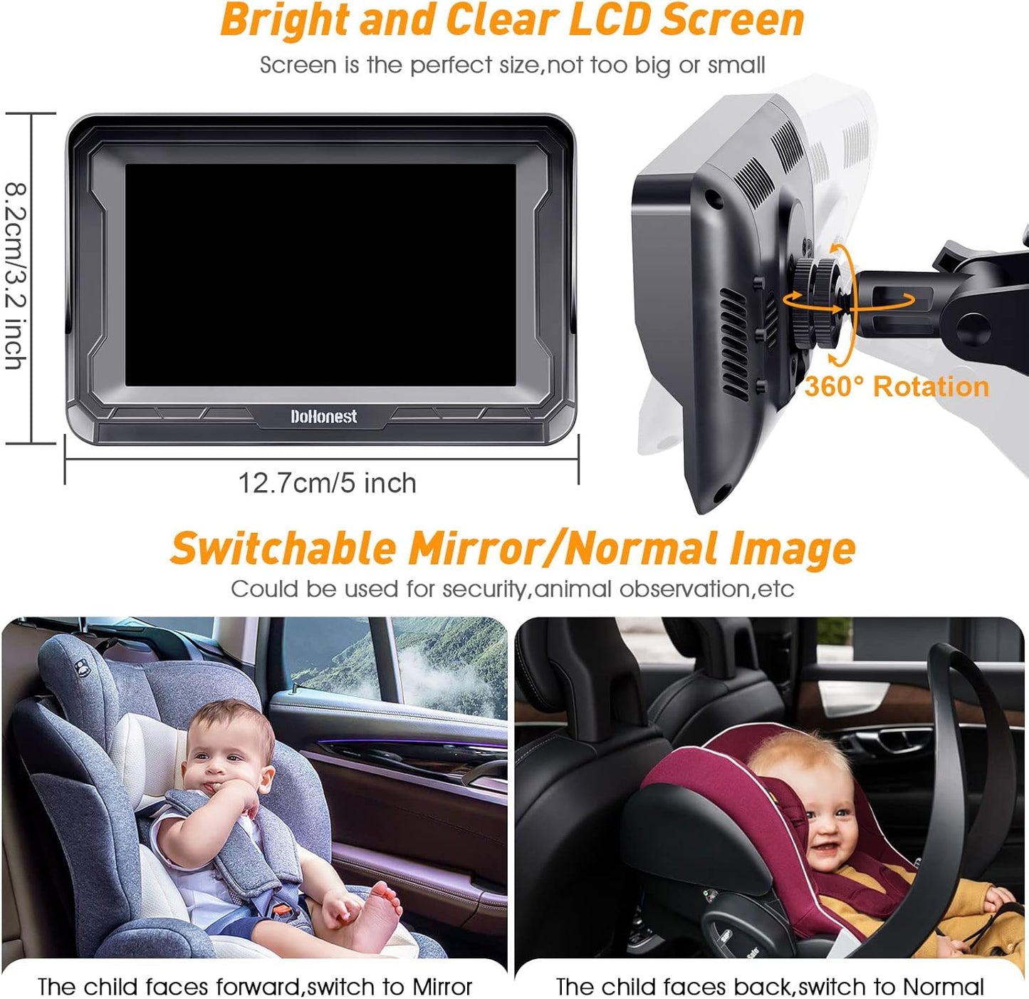 DoHonest Baby Car Camera for Backseat: HD 1080P Easy Setup Carseat Camera Rear Facing Infant - Clear Night Vision 360° Rotating Baby Car Monitor
