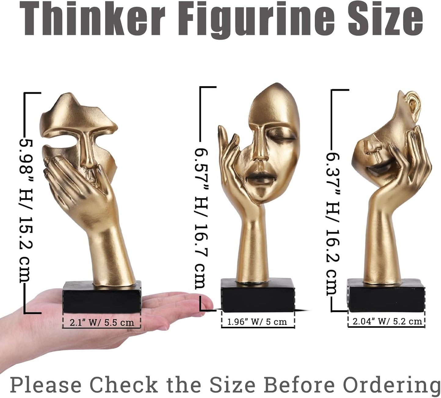 oliruim 3 Pcs Thinker Small Statue Set - Black Gold Abstract Art Figurines Home Living Room Aesthetic Decor Floating Shelf Coffee Table Office Desk Bathroom Counter Decor (3 PCS Gold)