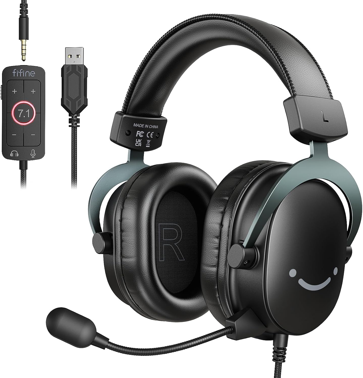 Fifine PC Gaming Headset with USB/3.5mm Jack for Laptop Computer, Over Ear Wired Headphones with 7.1 Surround Sound, Detachable Microphone, Volume Control, Noise Cancelling for PS5/Xbox/Switch-H9