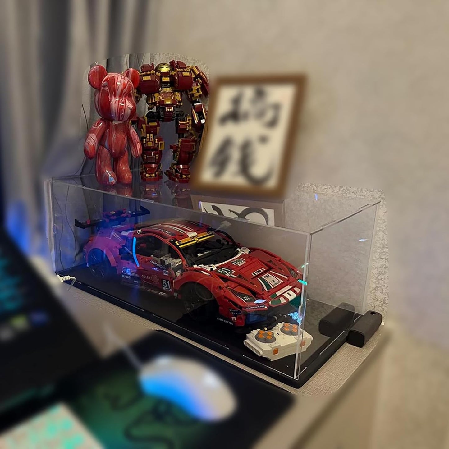 Thickened Clear Acrylic Display Case for Lego 10330 43268 76450 42170 10295 10353 Collectibles, Transparent Box Dustproof Protection with Wood-Plastic Base & String Light, Black Inside 40x20x20cm