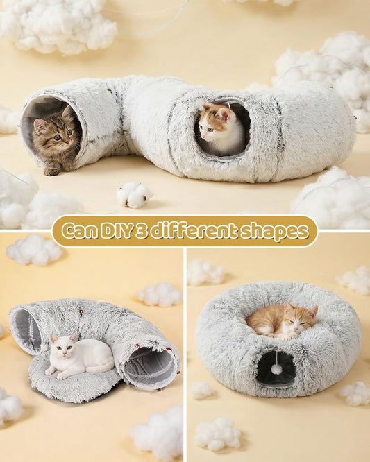 Odoland Large Cat Tunnel, Collapsible Cat Tube with 20pcs Cat Toys | S-Shape Donut Tunnel with Central Mat for Kitten, Puppy, Ferret, Rabbit, Indoor Cats,White