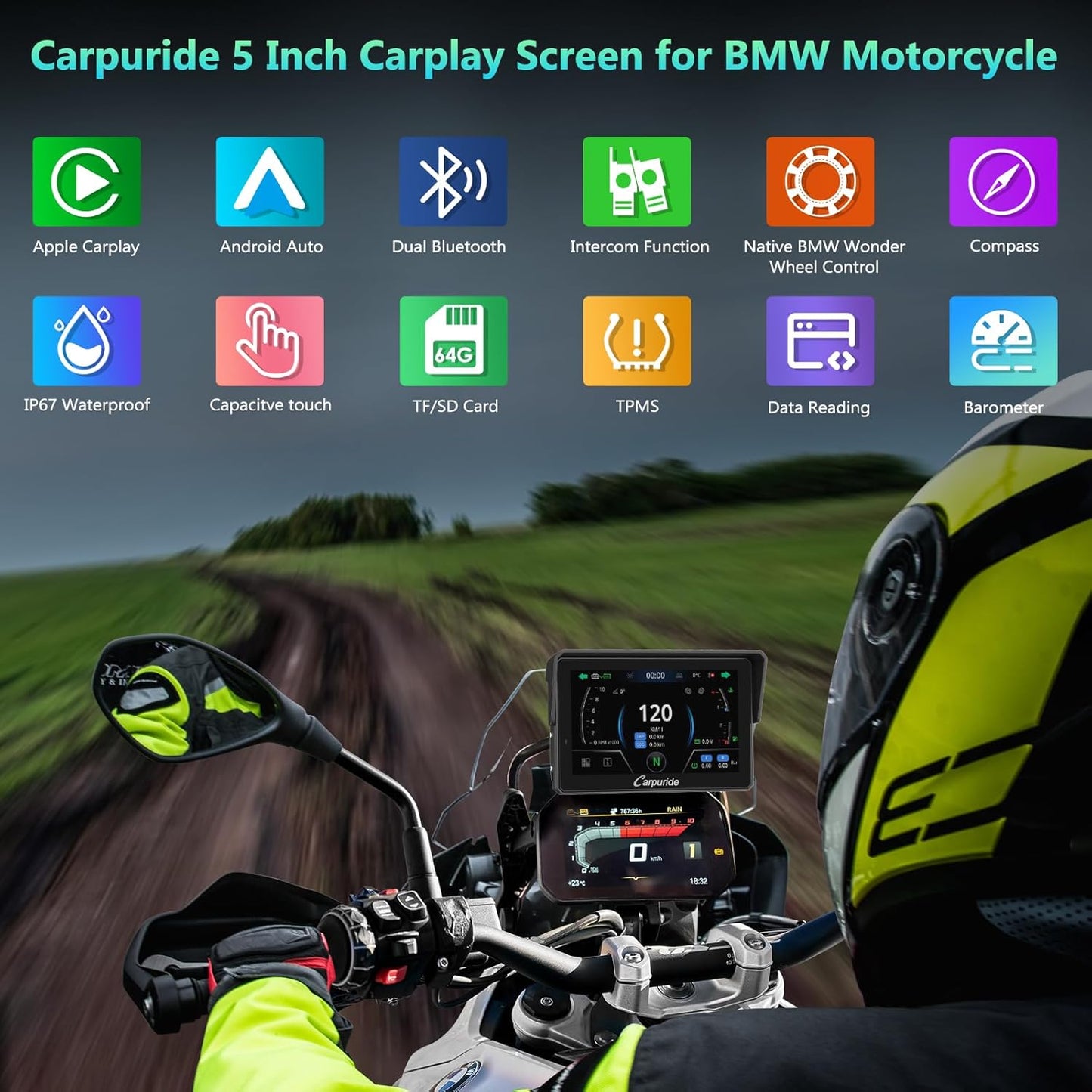 2025 CARPURIDE W702BS PRO for BMW Motorcycle CarPlay & Android Auto Dual Bluetooth, 7" Waterproof GPS Navigation Screen, Data Reading,Native Wonder, TPMS, Light Sensor, Music Sharing, Intercom, 16-Pin