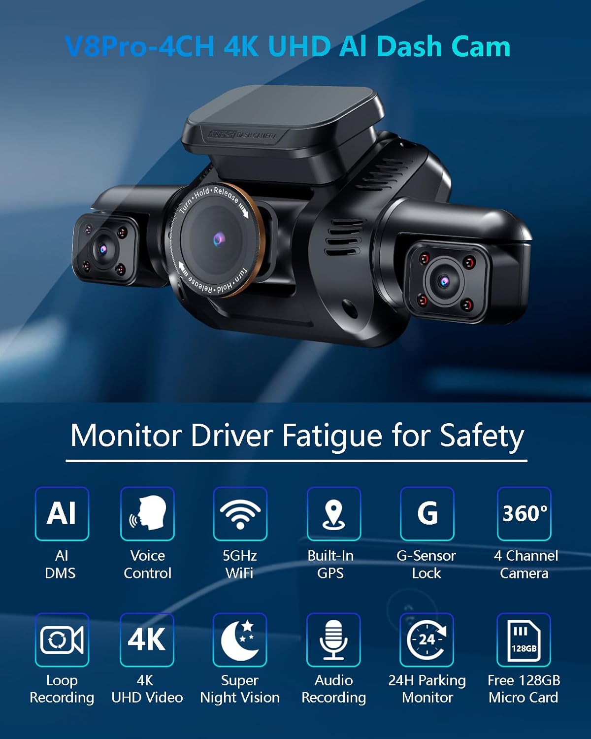 AI Dash Cam, 4 Channel Dash Cam Front and Rear, 4K Dash Camera with Driver Monitor System, Car Camera with 128GB SD Card, 360° Camera for Cars Built-in WiFi GPS, Night Vision, 24H Parking Mode V8Pro