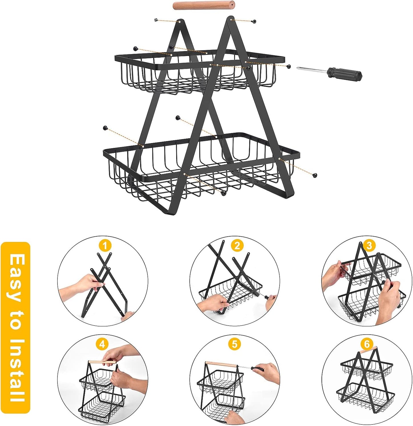 2 Tier Countertop Fruit Basket,Portable Fruit Bowle Basket for Kitchen Organizer Storage & Dining Room Fruits Vegetable Bread Snacks,MAHUEEOL Detachable Metal Rectangle Basket Storage