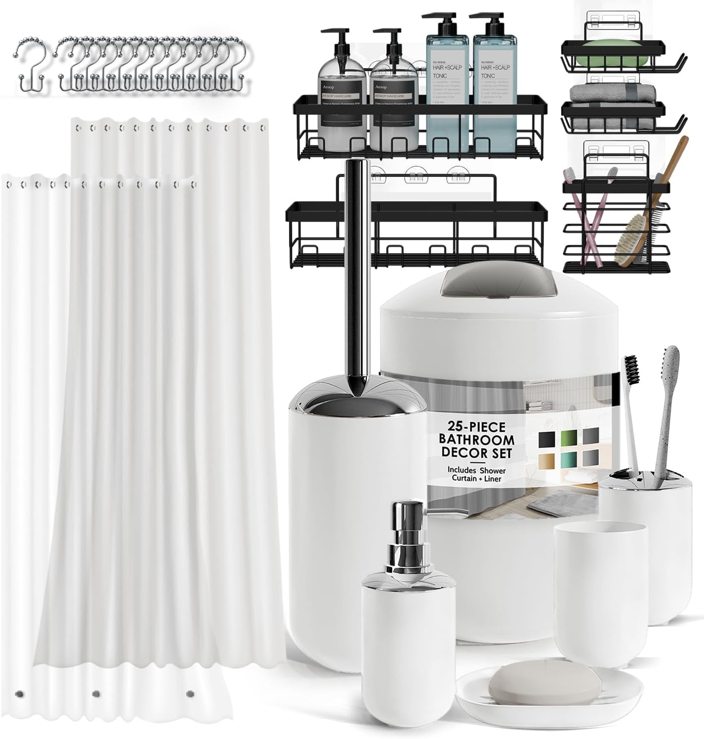 Clara Clark Bathroom Set - Gray Bathroom Accessories Set, Bathroom Sets with Shower Curtain and Rugs, 23PC Shower Curtain Set with Liner, Soap Dispenser, Soap Dish, Toilet Brush Holder, and Trash Can