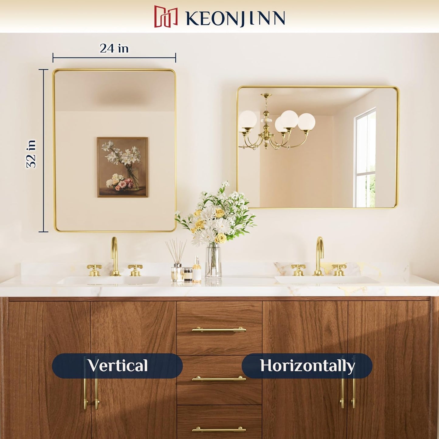 Keonjinn 42 x 36 Brushed Nickel Bathroom Vanity Mirror, Large Rounded Rectangle Bathroom Mirrors for over Sink, Metal Framed Silver Mirror for Wall, Shatterproof HD Tempered Glass(Horizontal/Vertical)
