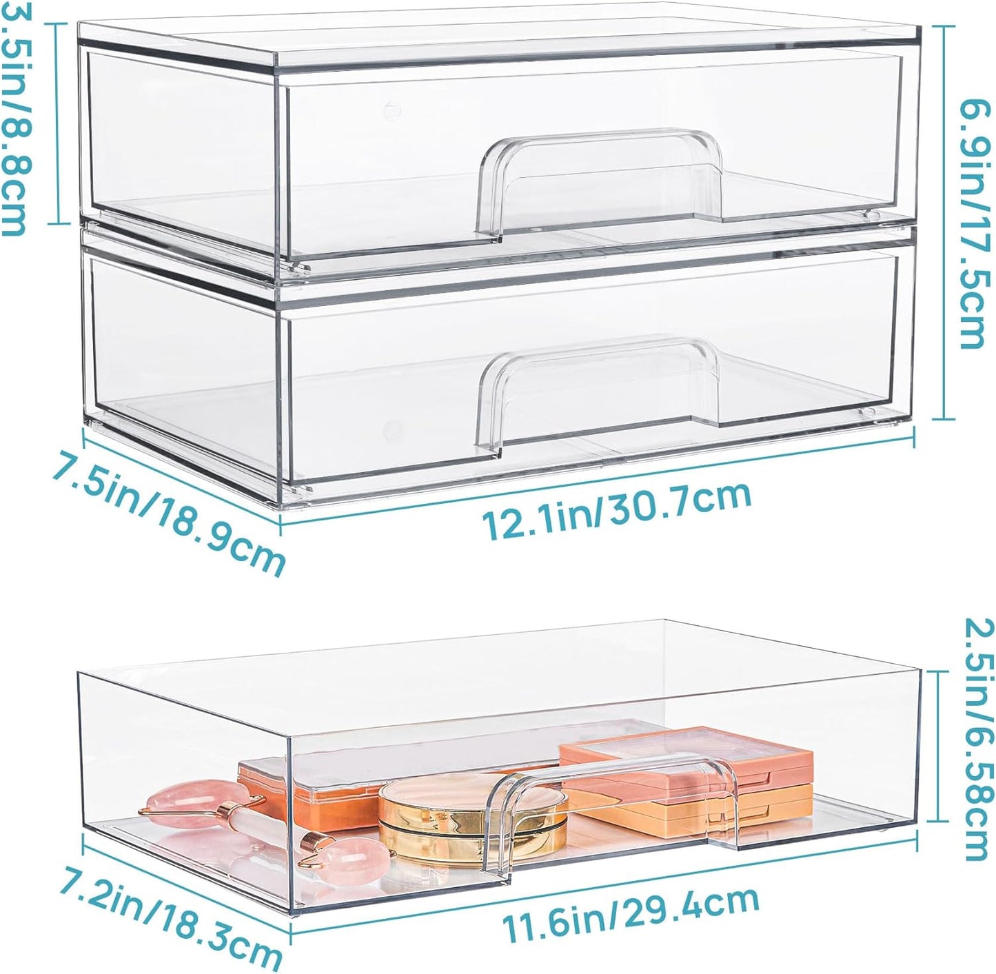 Vtopmart 3 Pack Stackable Clear Plastic Drawer Organizer, Makeup Organizers and Storage for Eyeshadow Palettes, Cosmetics, Beauty Supplies, Ideal for Vanity, Desk, Office, Bathroom Organization
