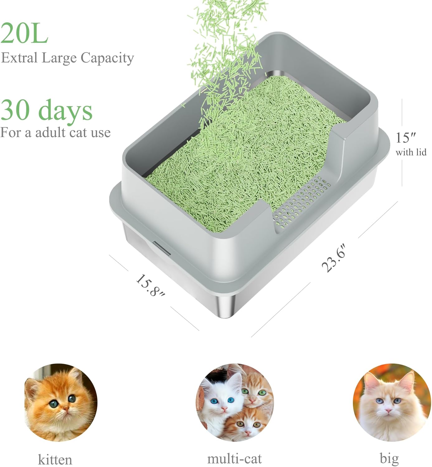 TENTIZON Stainless Steel Cat Litter Box, Extra Large Enclosed Kitty Litter Box with Removable Lid, Scoop, Pedal, XL High Sided Metal Litter Pan for Kitten, Big Cats Up to 11KG