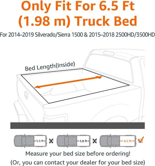 Amazon Basics Soft Roll Up Tonneau Cover for 2014-2019 Chevy Silverado, GMC Sierra 1500, 2015-2018 Silverado Sierra 2500 3500 HD, Fleetside 6.5' Bed