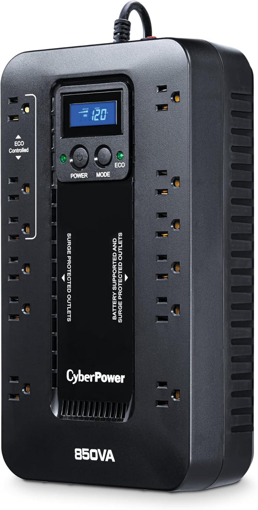 CyberPower EC850LCD Ecologic Battery Backup & Surge Protector UPS System, 850VA/510W, 12 Outlets, ECO Mode, Compact, Uninterruptible Power Supply