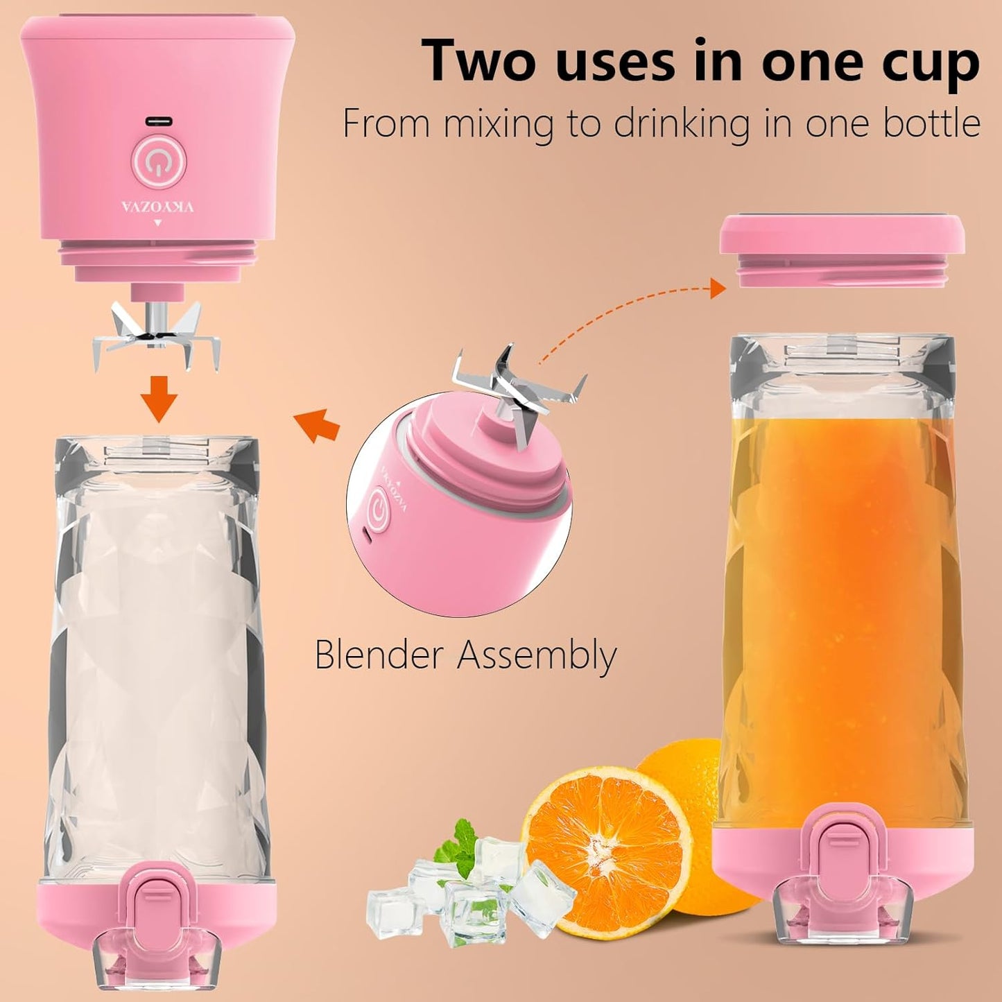 VKYOZVA Portable Blender, 20 Oz Travel Blender USB-C Rechargeable with 6 -leaf Stainless Steel Blades, BPA Frees, Personal Blender for Shakes and Smoothies,Suitable for Family Travel Gyms, Black