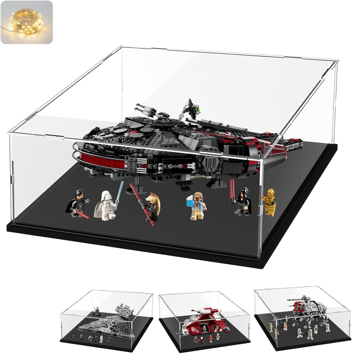 Thickened Clear Acrylic Display Case for Lego 10330 43268 76450 42170 10295 10353 Collectibles, Transparent Box Dustproof Protection with Wood-Plastic Base & String Light, Black Inside 40x20x20cm