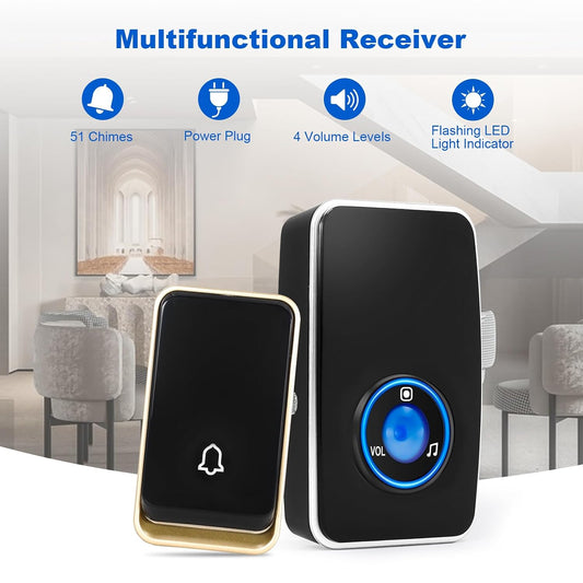 AURTEC No Battery Required Wireless Doorbell Waterproof, Door Chime Kit with 2 Plug-in LED Flash Receivers & 1 Press Self-Powered Transmitter, 51 Chimes and 4 Volume Levels, Black