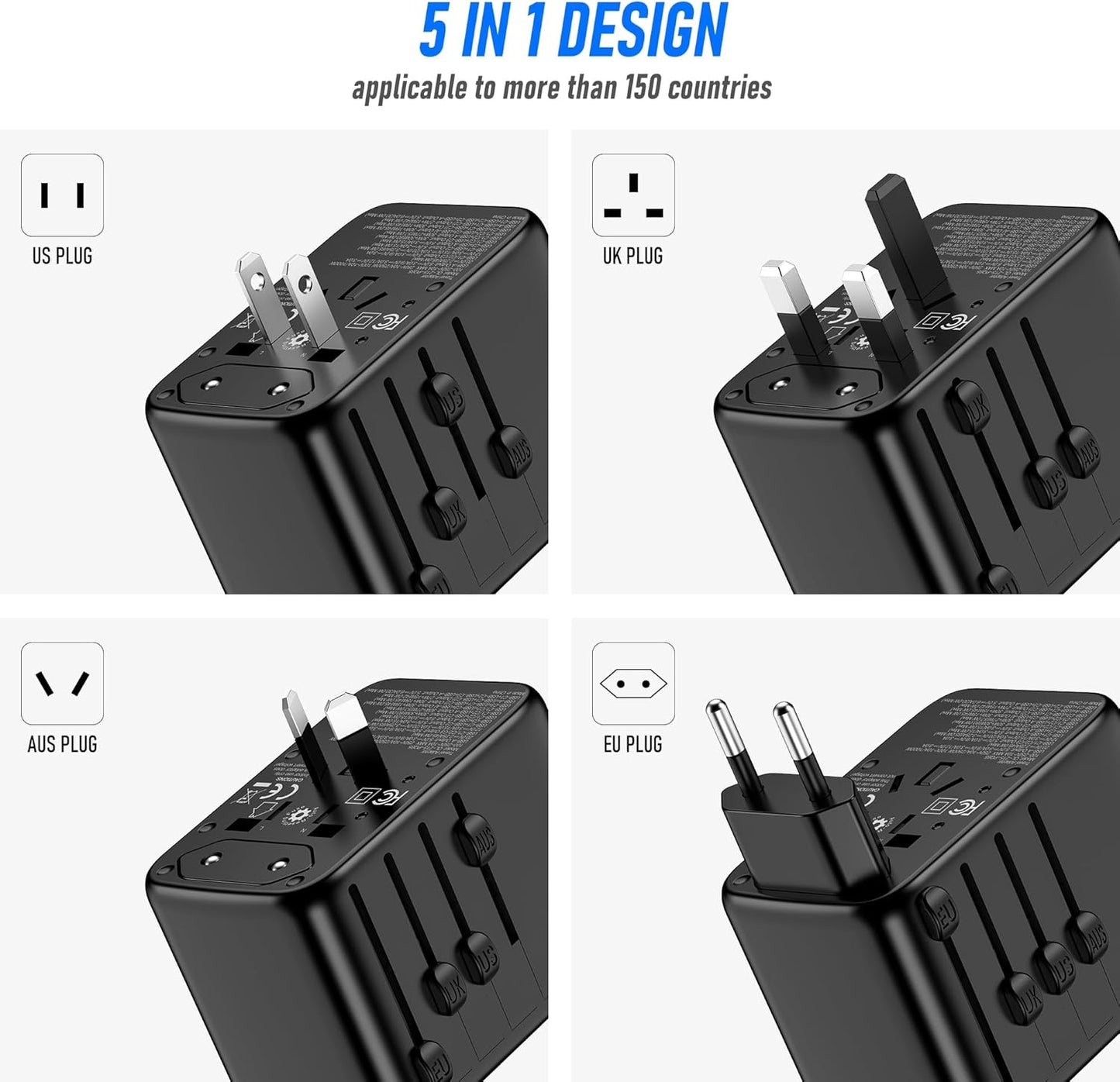 VYLEE Universal Travel Adapter, 65W Fast GaN International Power Adapter, 3PD USB-C+1QC USB-A European Travel Plug Adapter, US, UK, EU, AU Worldwide Travel Charger for Laptops, Tablets, Phones