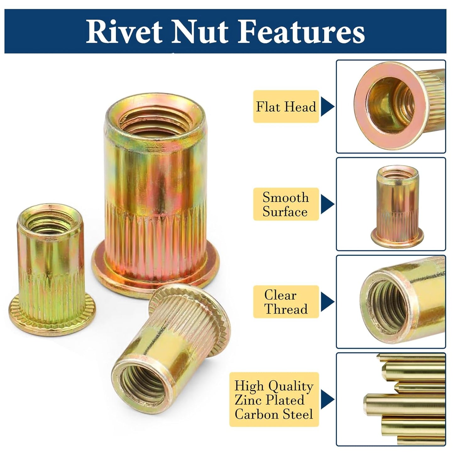 Vifmy Metric & SAE Rivet Nut Assortment Kit(420 Pcs),m3 m4 m5 m6 m8 m10 m12#6-32#8-32#10-24 1/4"-20 5/16"-18 3/8"-16 UNC Flat Head Rivnut Set,Zinc Plated Finish Carbon Steel Nutsert