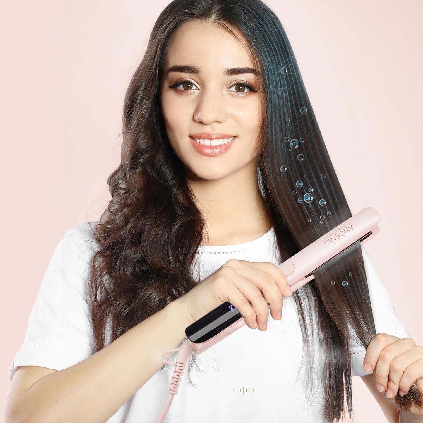 ANGENIL Pro Titanium Flat Iron Hair Straightener, Dual Voltage Straightening and Curling Iron in One, 15s Fast Heating, Negative Ion Round Pink Hair Straightener with Heat Resistant Silicone Mat Pad