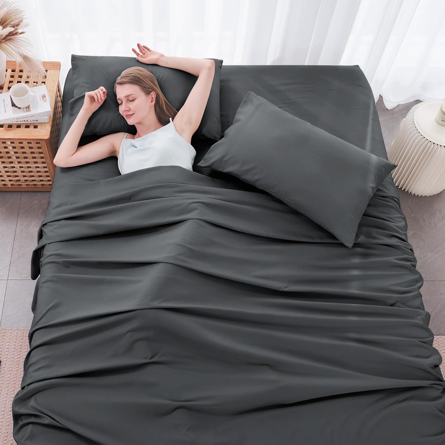 JOLLYVOGUE Queen Size Bed Sheet Set - 4 Piece Bed Sheets Set with Deep Pocket - Soft Breathable & Cooling - Resists Shrinkage & Fading Draps Queen - Easy Care (Dark Grey)