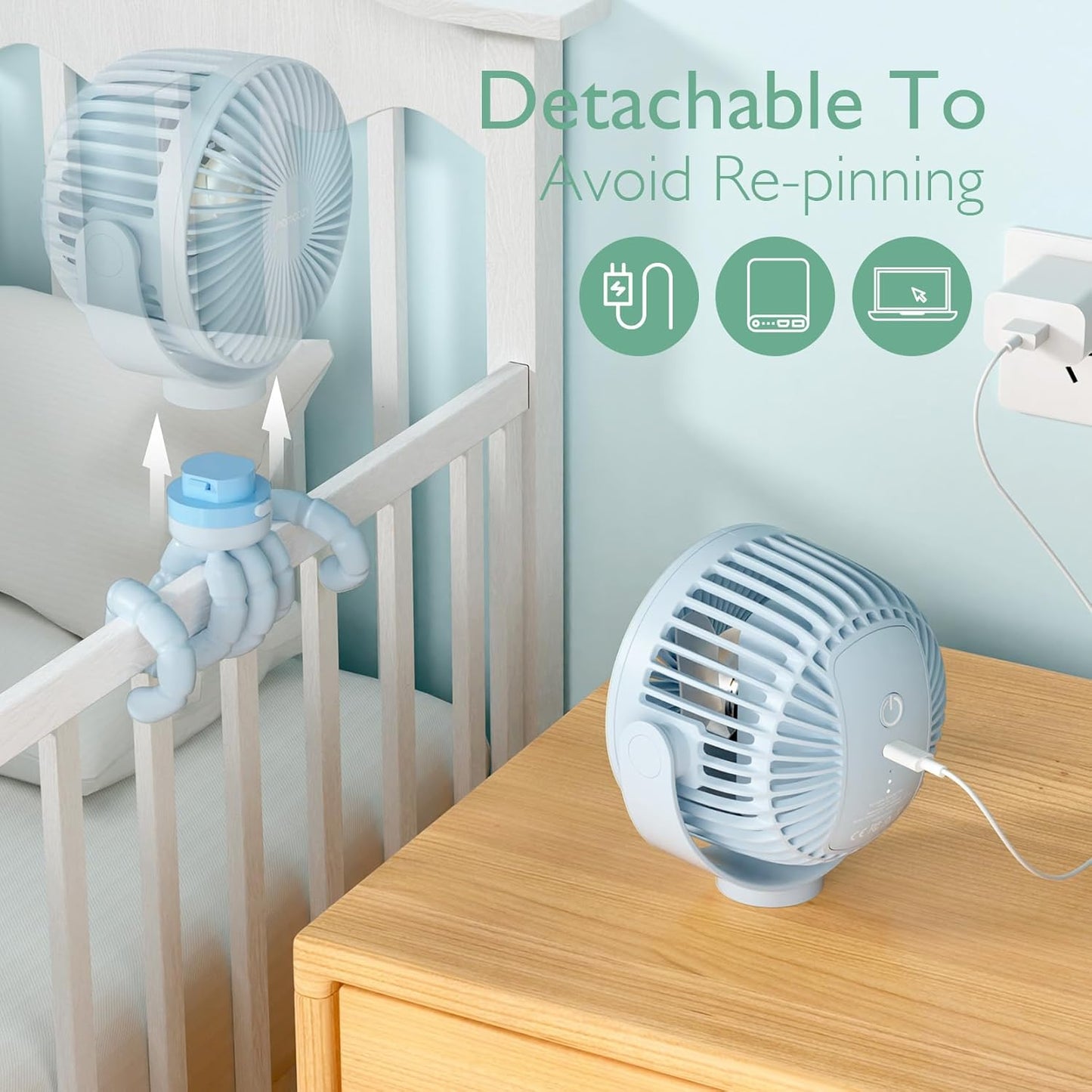Momcozy Portable Stroller Fan, 27H Ultra-long Battery Life, Detachable 4 Speed 360°Rotate, LED Night Light with 2 Modes, USB Rechargeable and Handheld Cooling Fan for Travel, Car Seat