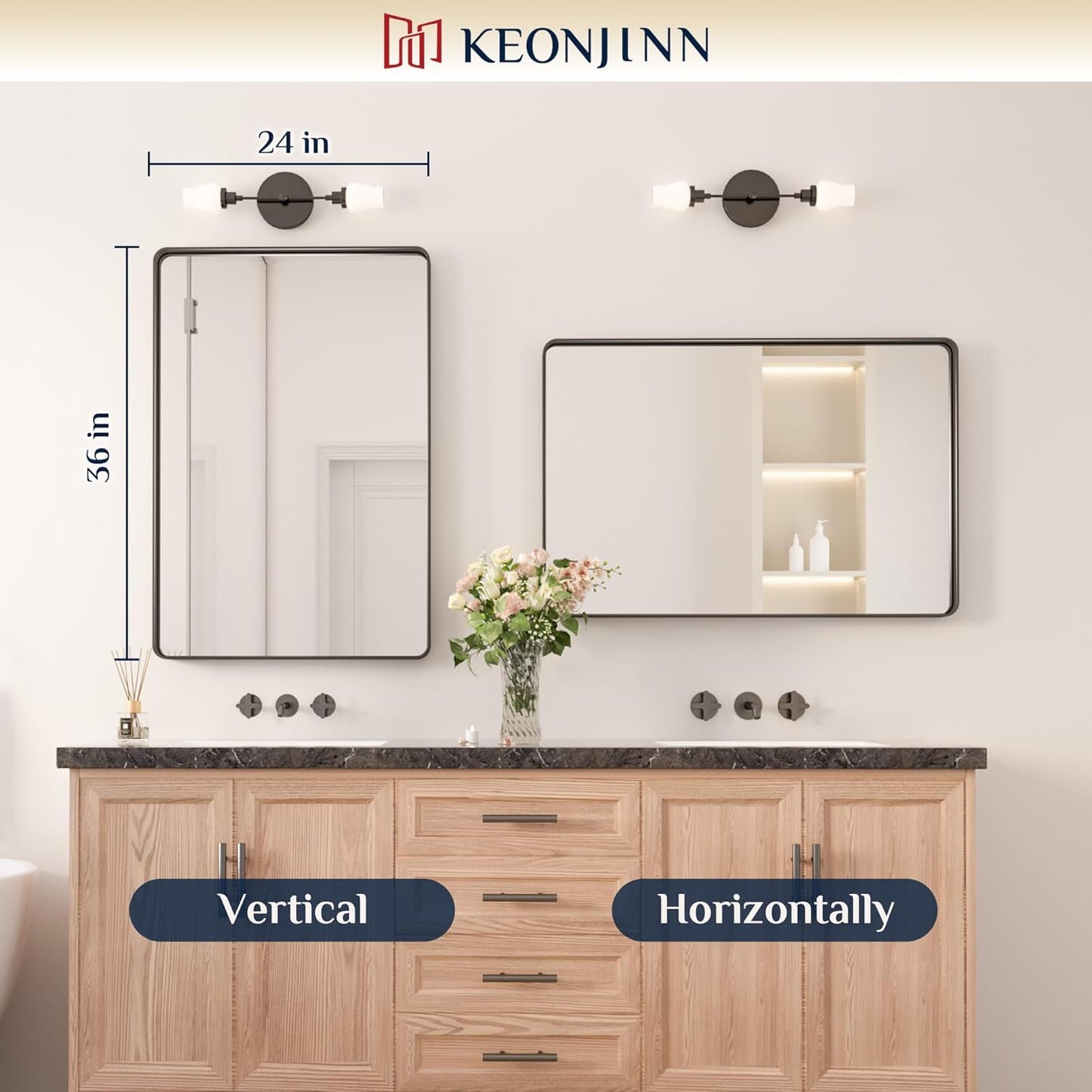 Keonjinn 42 x 36 Brushed Nickel Bathroom Vanity Mirror, Large Rounded Rectangle Bathroom Mirrors for over Sink, Metal Framed Silver Mirror for Wall, Shatterproof HD Tempered Glass(Horizontal/Vertical)