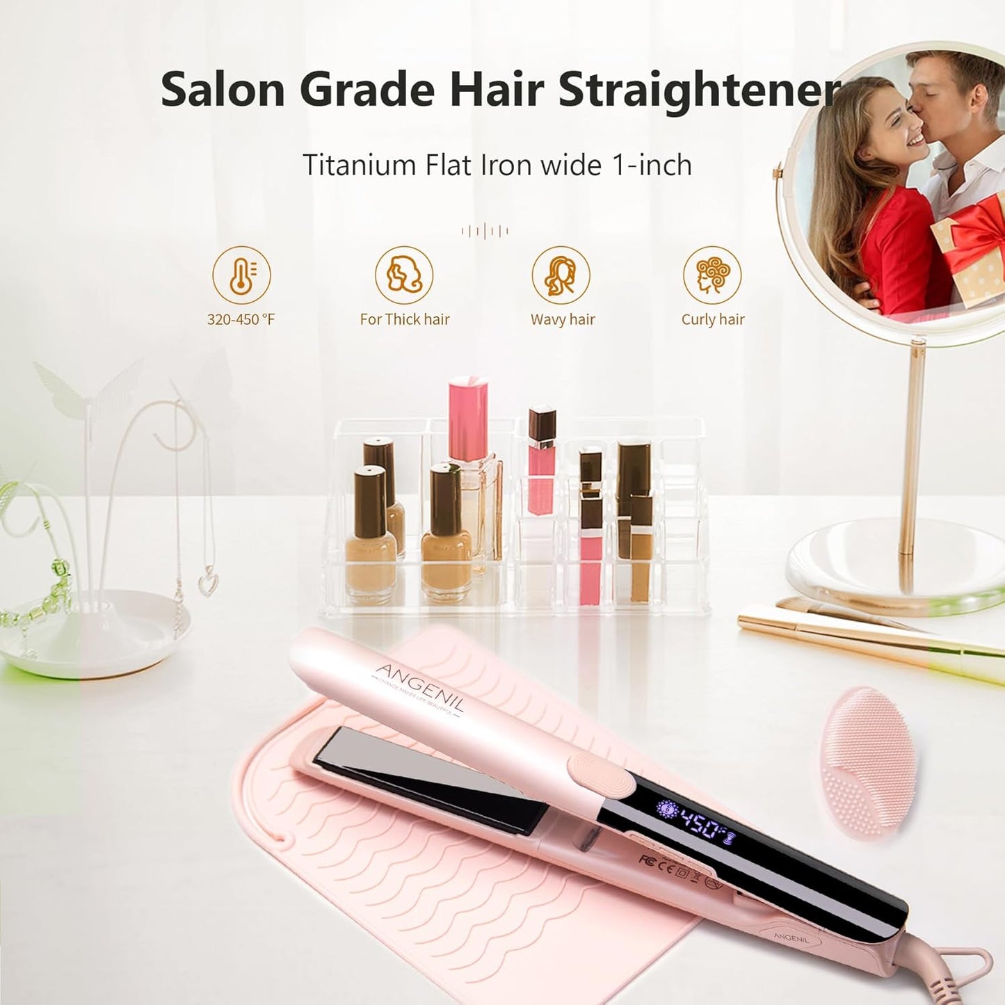 ANGENIL Pro Titanium Flat Iron Hair Straightener, Dual Voltage Straightening and Curling Iron in One, 15s Fast Heating, Negative Ion Round Pink Hair Straightener with Heat Resistant Silicone Mat Pad